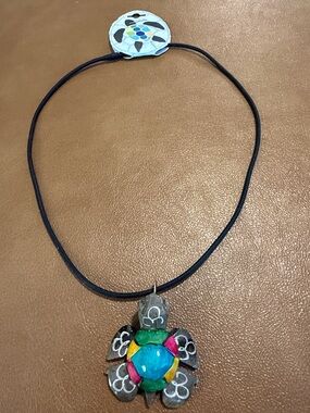 New Marble Colorful Turtle Pendant Necklace on Black Stretchy Cord.